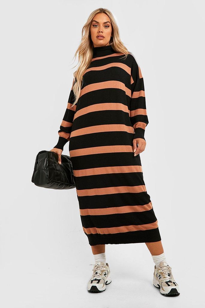 Womens Plus Stripe Roll Neck Midaxi Knitted Dress - Black - 16, Black
