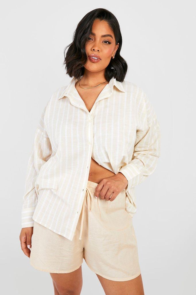 Womens Plus Oversized Wide Stripe Linen Shirt - Beige - 16, Beige