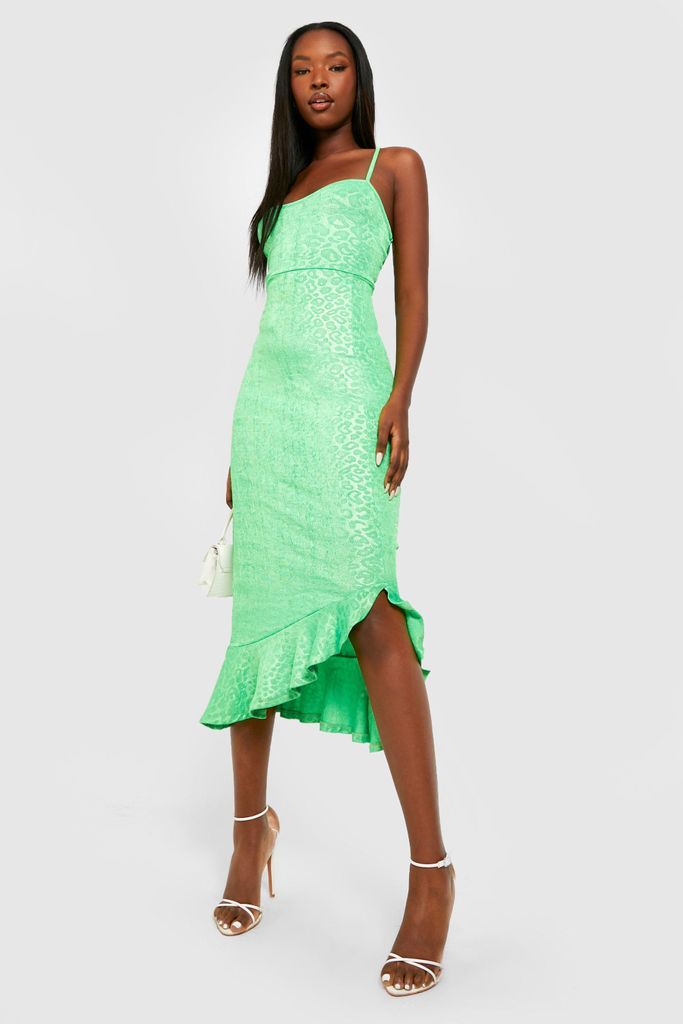 Womens Jacquard Slinky Frill Hem Midi Dress - Green - 10, Green