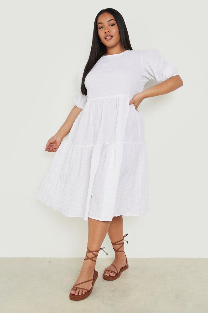 Womens Plus Textured Puff Sleeve Tiered Smock Dress - White - 16, White