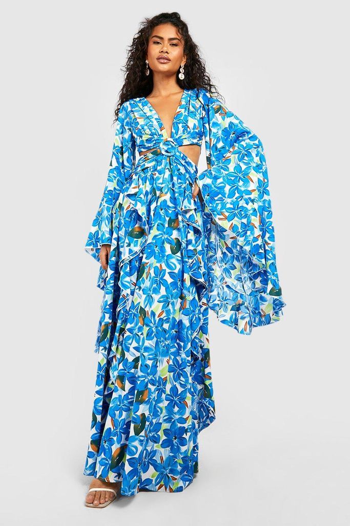 Womens Floral Chiffon Print Cut Out Maxi Dress - Blue - 10, Blue