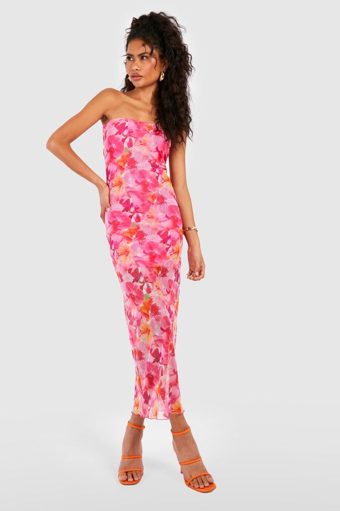 Womens Floral Mesh Bandeau Maxi Dress - Pink - 12, Pink