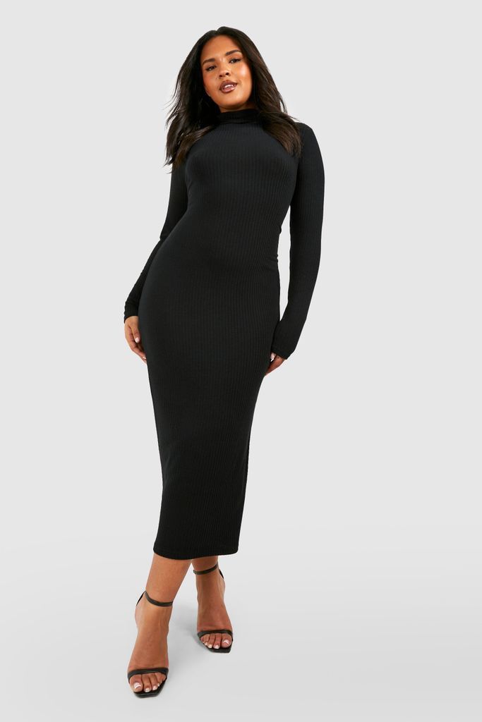 Womens Plus Soft Rib Roll Neck Midi Dress - Black - 16, Black