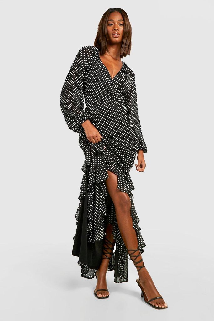 Womens Chiffon Ruffle Polka Dot Maxi Dress - Black - 8, Black