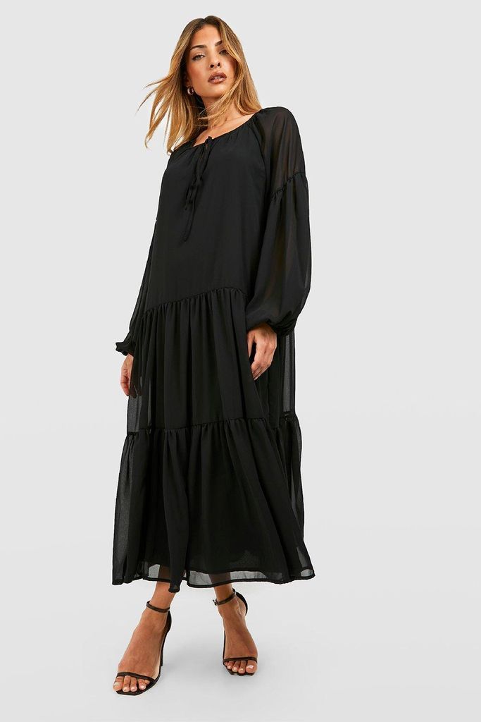Womens Chiffon Tiered Midaxi Smock Dress - Black - 8, Black