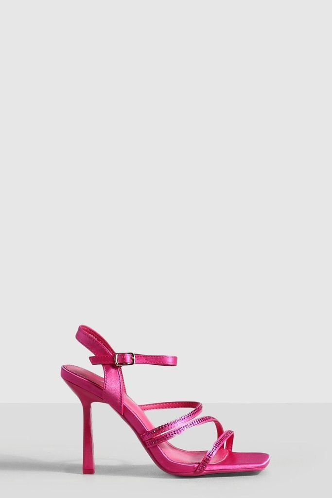 Womens Embellished Asym Strap Stiletto Strappy Heels - Pink - 3, Pink
