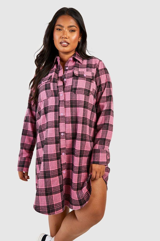 Womens Plus Brushed Checked Long Sleeve Shirt Dress - Pink - 16, Pink
