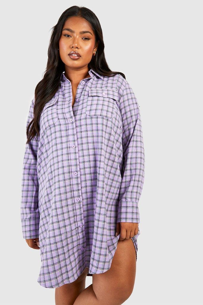 Womens Plus Checked Long Sleeve Shirt Dress - Purple - 16, Purple
