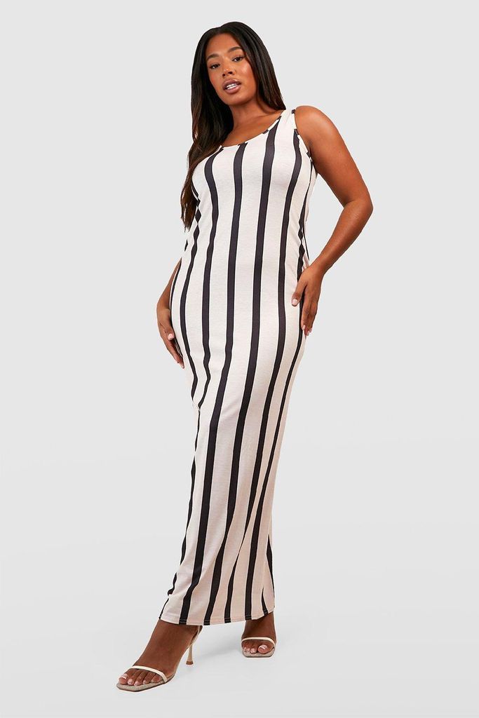 Womens Plus Jersey Printed Stripe Strappy Maxi Dress - Beige - 16, Beige