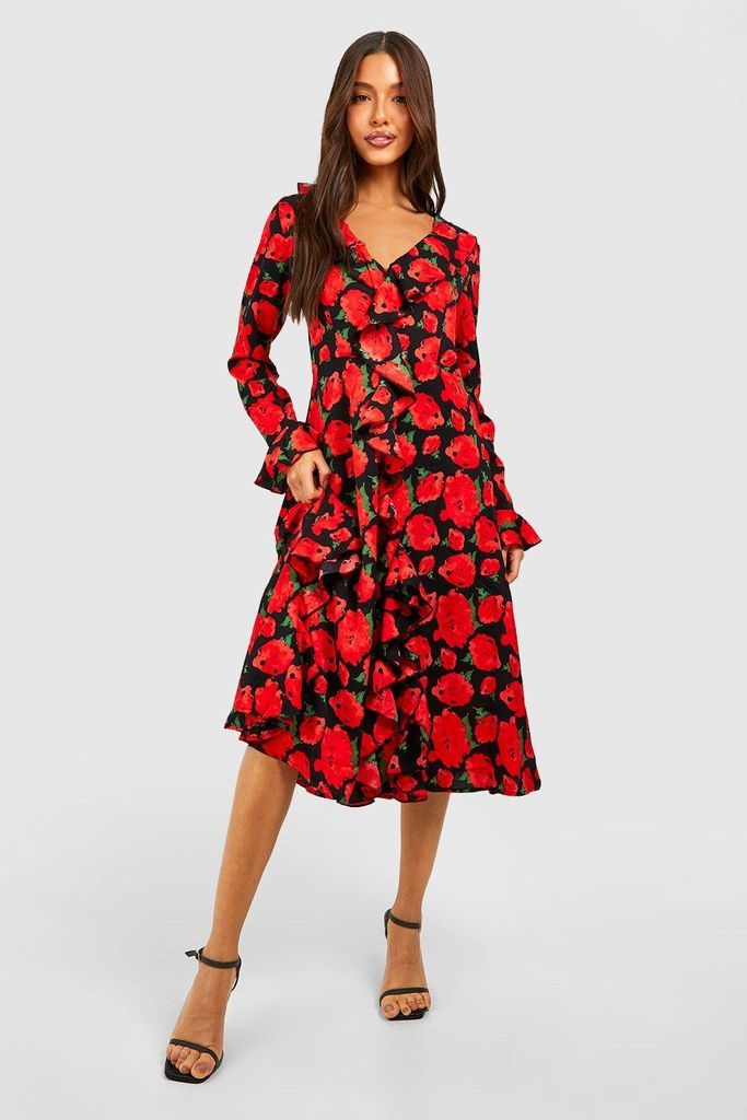 Womens Rose Print Ruffle Midi Smock Dress - Red - 8, Red