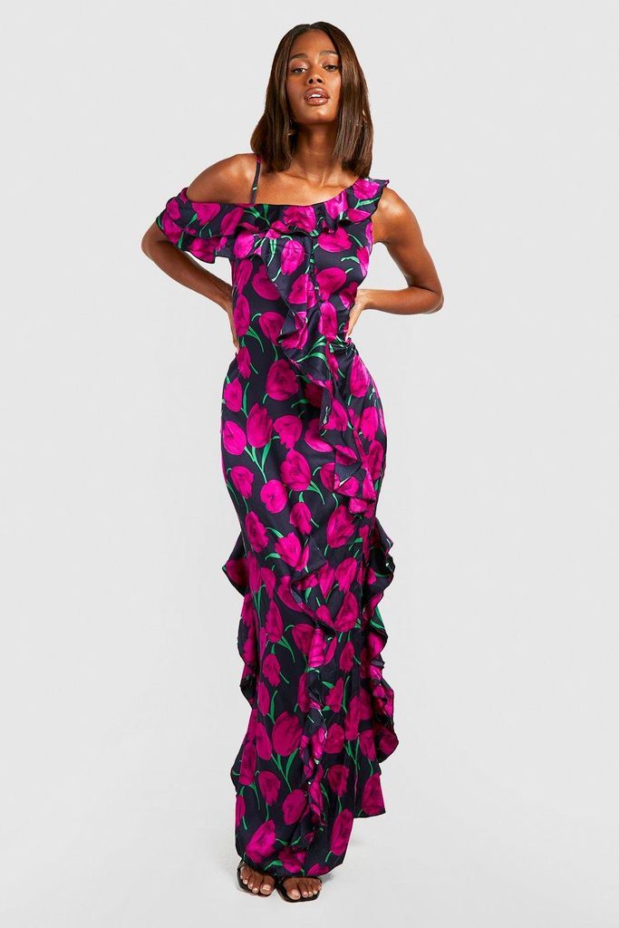 Womens Satin Ruffle Floral Maxi Dress - Black - 8, Black