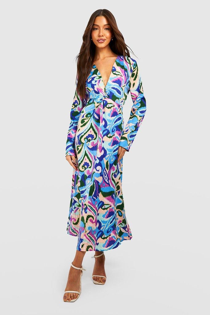 Womens Plunge Abstract Long Sleeve Maxi Dress - Blue - 8, Blue