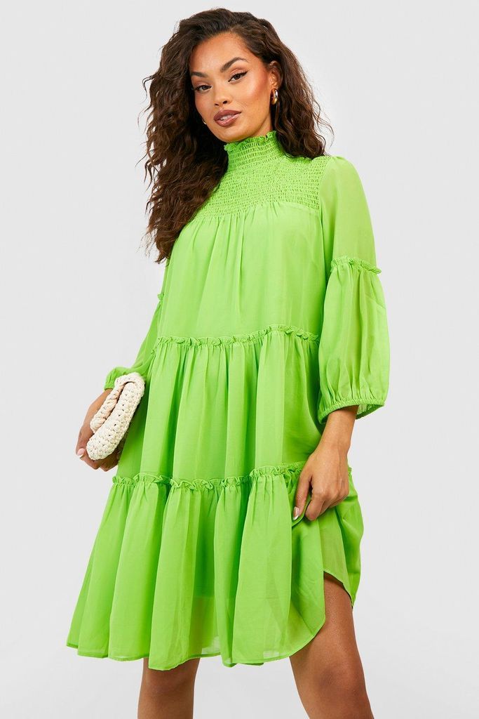 Womens Shirred Tiered Detail Smock Dress - Green - 8, Green