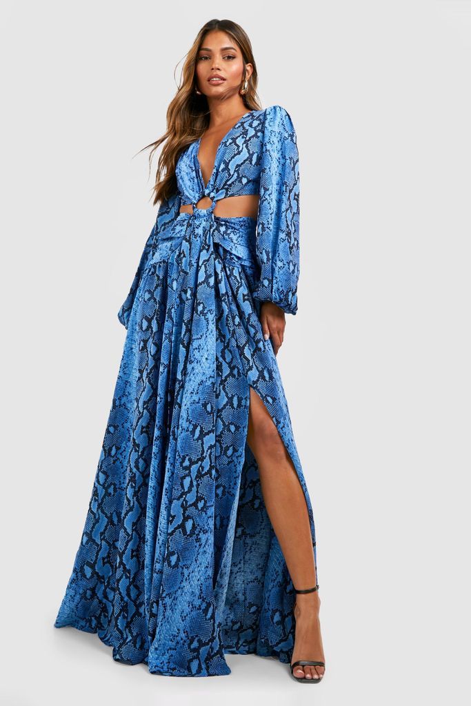 Womens Snakeskin Neon Cut Out Maxi Dress - Blue - 8, Blue