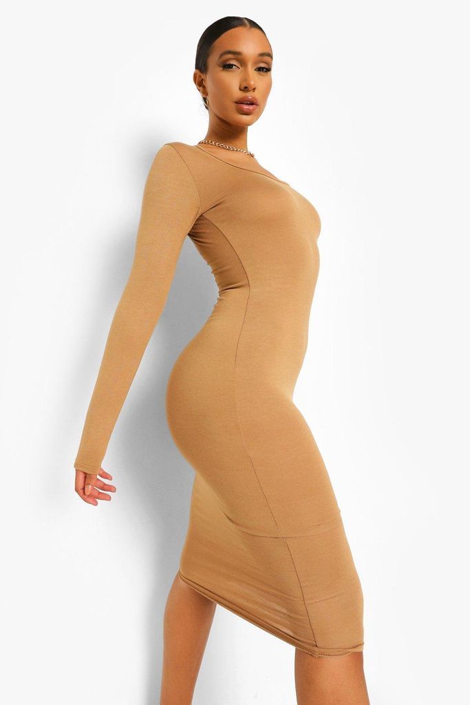 Womens Long Sleeve Midi Bodycon Dress - Beige - 10, Beige
