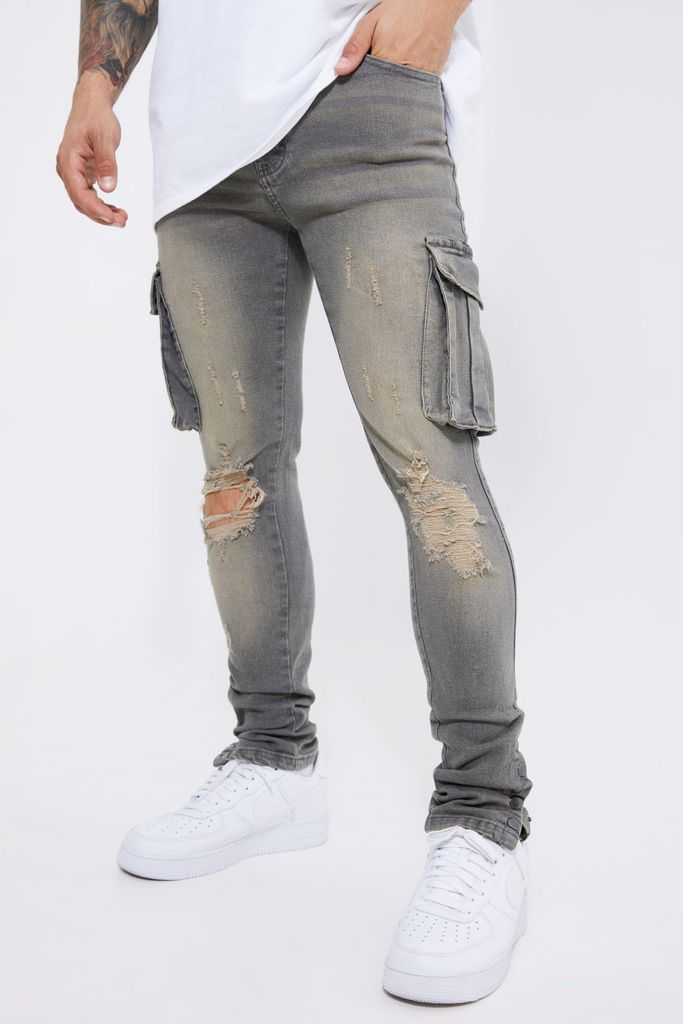 Men's Skinny Stretch Popper Hem Cargo Jeans - Grey - 34R, Grey