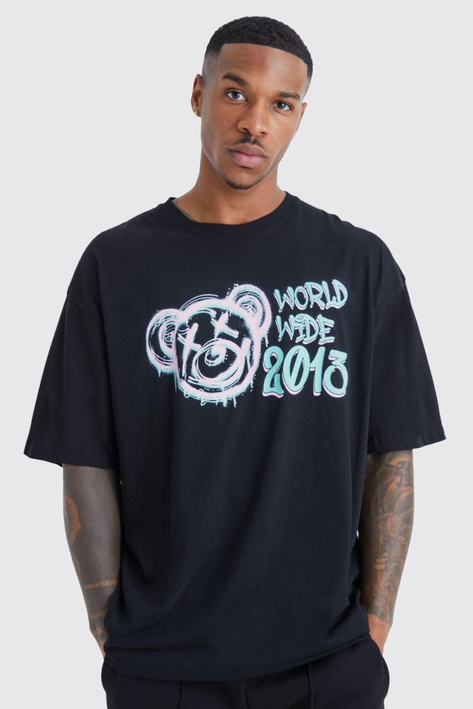 Men's Oversized Worldwide Teddy Graphic T-Shirt - Black - S, Black