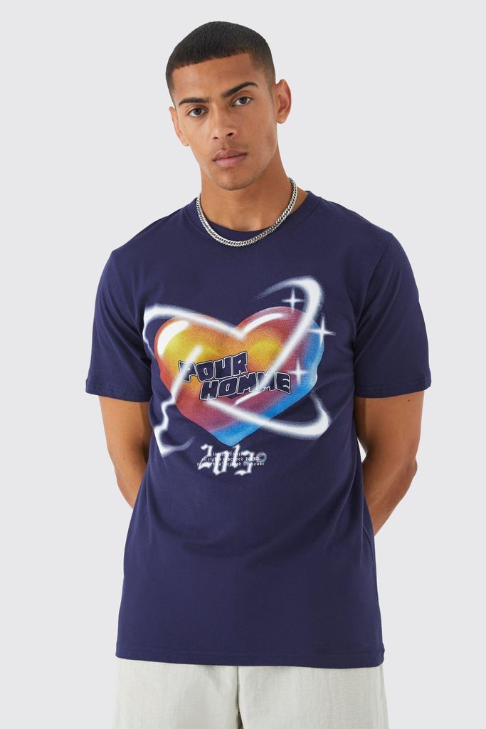 Men's Pour Homme Heart Graphic T-Shirt - Navy - S, Navy