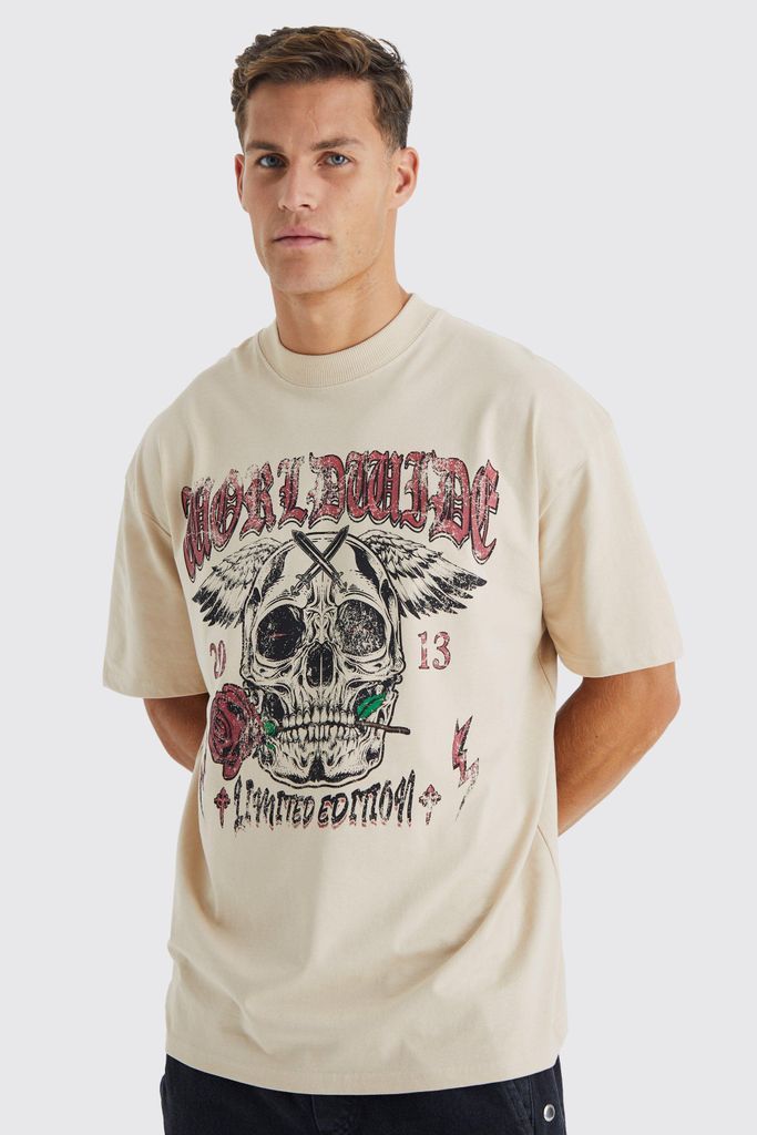 Men's Tall Oversized Heavyweight Skull Print T-Shirt - Beige - S, Beige