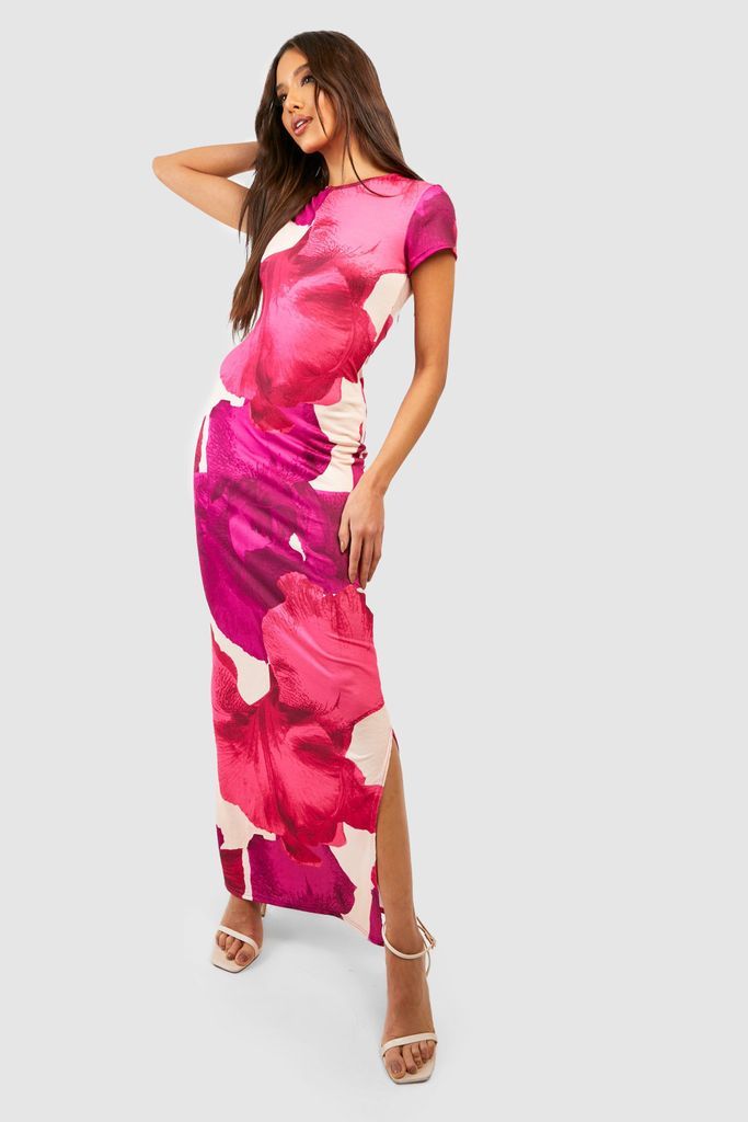 Womens Abstract Floral Cap Sleeve Maxi Dress - Pink - 8, Pink