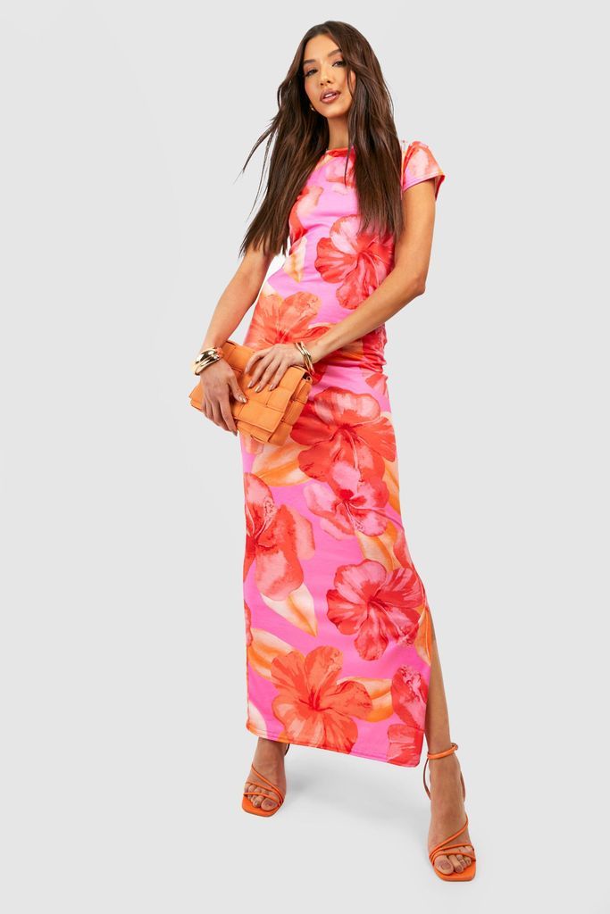 Womens Floral Cap Sleeve Maxi Dress - Pink - 8, Pink
