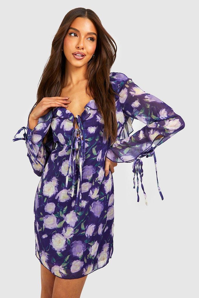 Womens Floral Chiffon Drape Mini Dress - Purple - 8, Purple