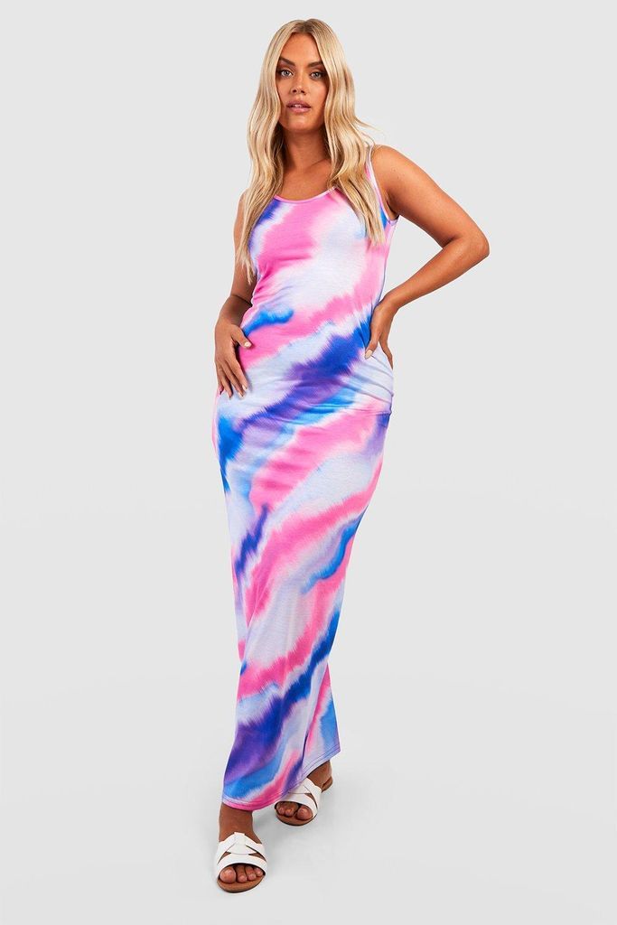 Womens Plus Tie Dye Printed Jersey Strappy Maxi Dress - Purple - 16, Purple