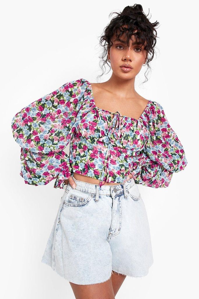 Womens Floral Puff Sleeve Square Neck Crop Top - Blue - 8, Blue