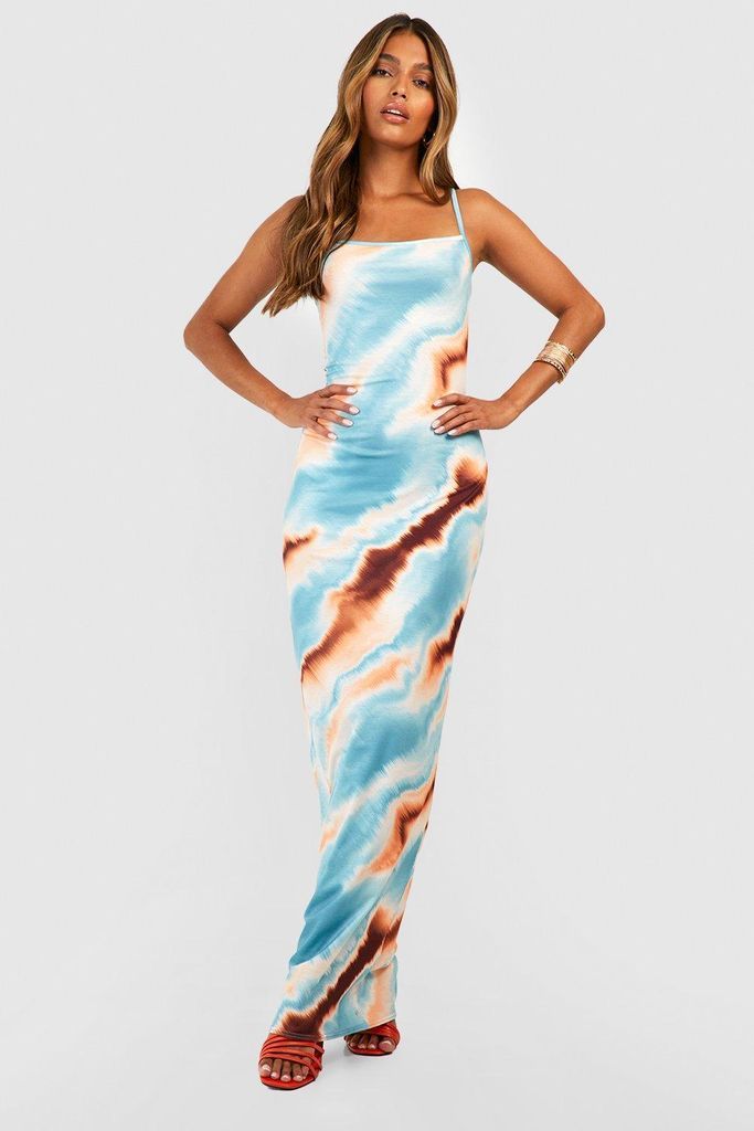 Womens Abstract Strappy Maxi Dress - Blue - 14, Blue