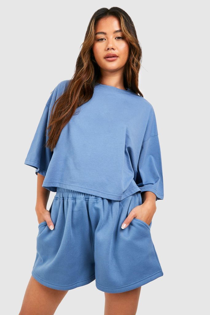 Womens Boxy Crop T-Shirt And Short Set - Blue - S, Blue