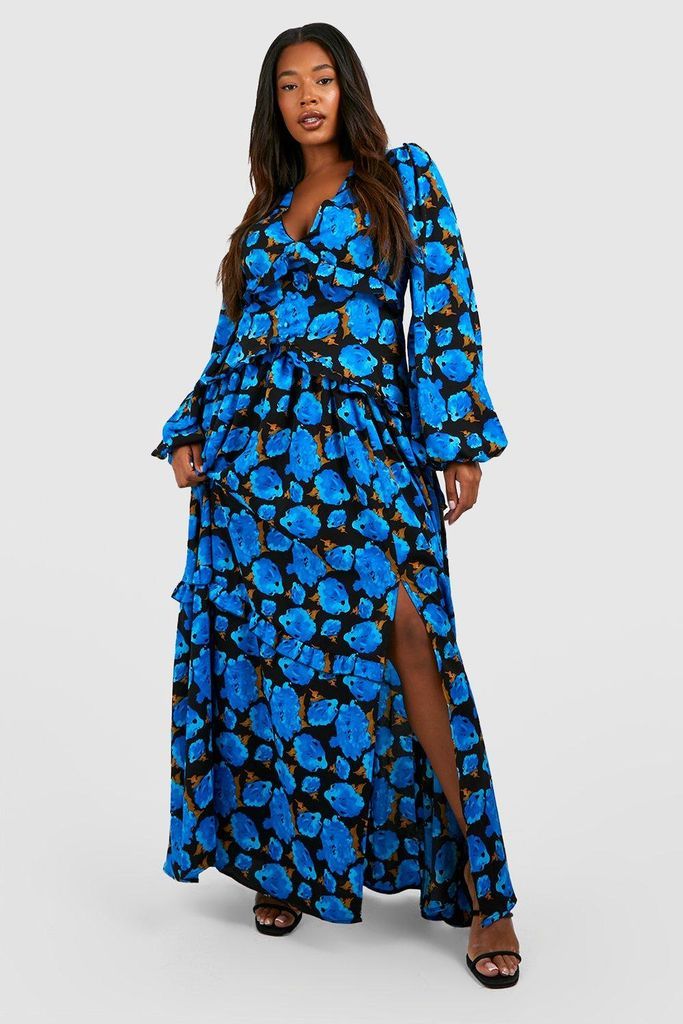 Womens Plus Floral Waist Detail Maxi Dress - Blue - 16, Blue