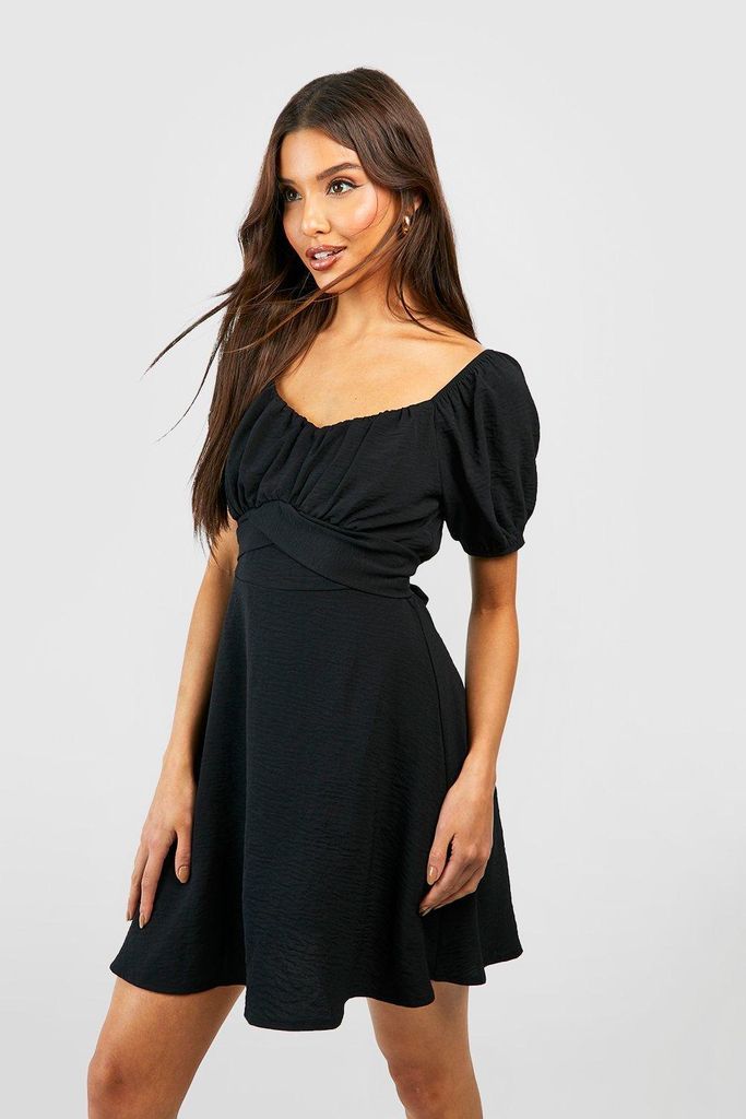 Womens Puff Sleeve Tie Detail Mini Dress - Black - 8, Black