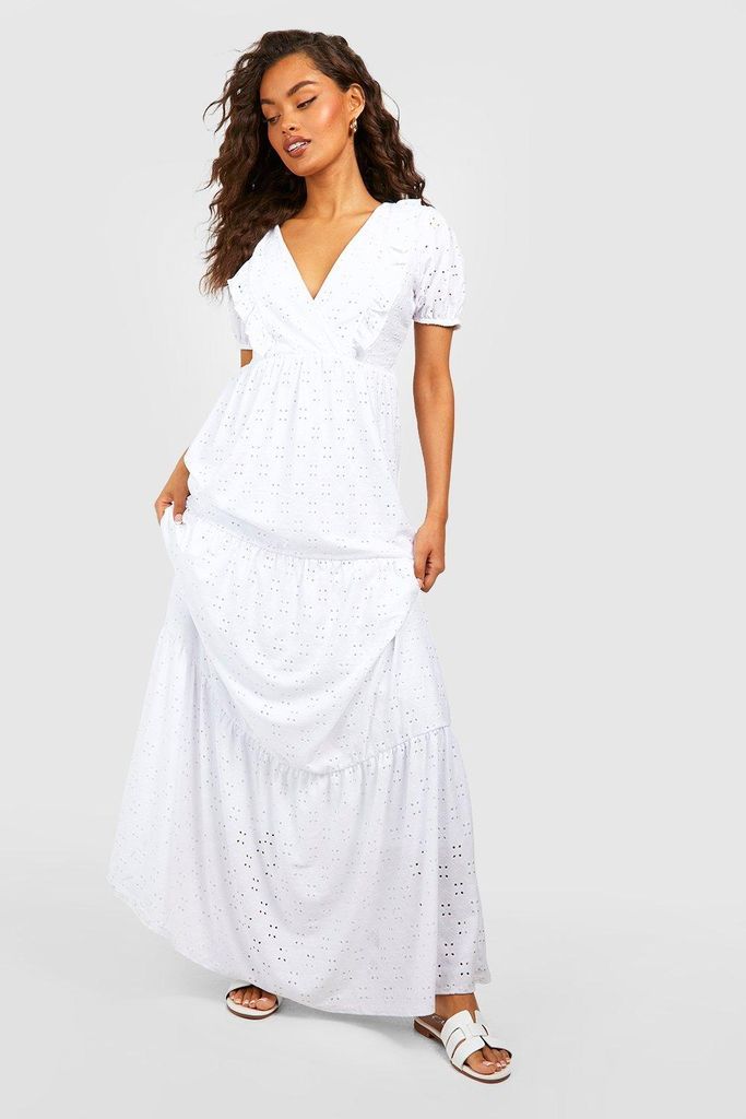 Womens Soft Broderie Ruffle Puff Sleeve Maxi Dress - White - 8, White