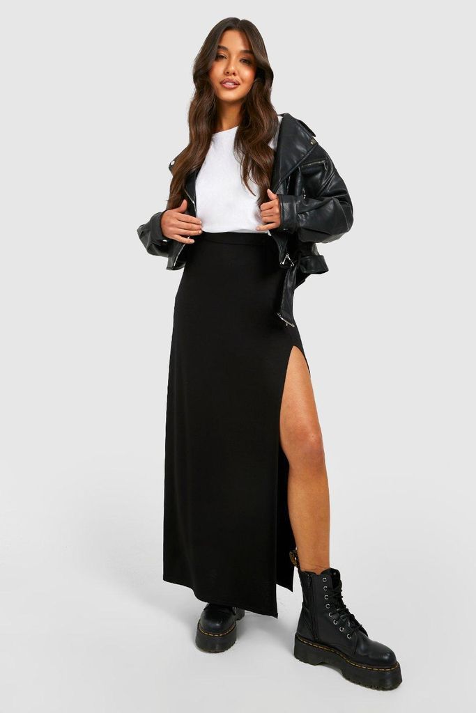Womens Basic Solid Black High Waisted Split Maxi Skirt - 10, Black