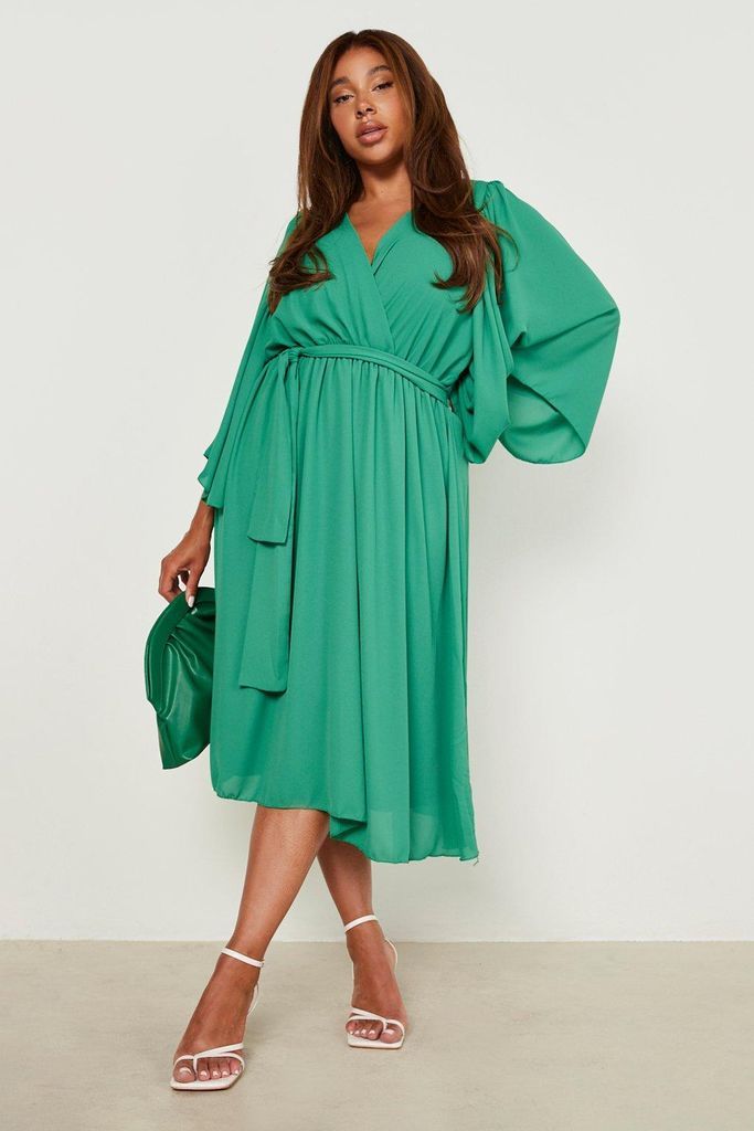 Womens (Ve) Plus Angel Sleeve Wrap Midi Dress - Green - 28, Green