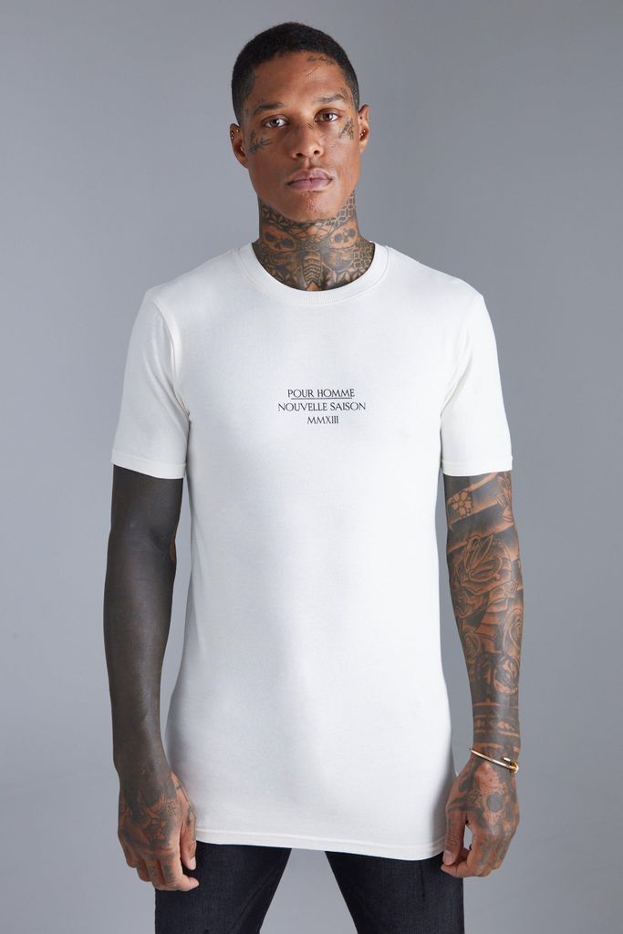 Men's Muscle Fit Longline Pour Homme Print T-Shirt - Cream - M, Cream