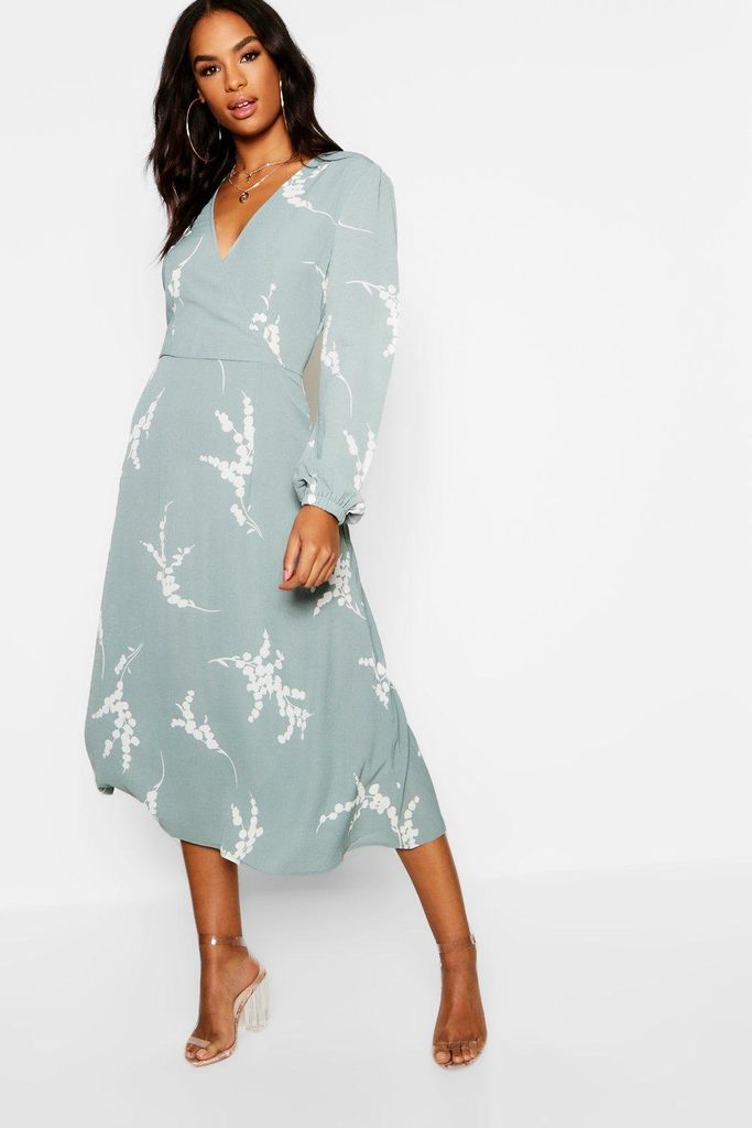 Womens Tall Floral Print Wrap Midi Dress - Green - 8, Green