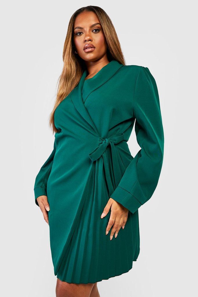 Womens Plus Pleated Tie Waist Blazer Dress - Green - 26, Green