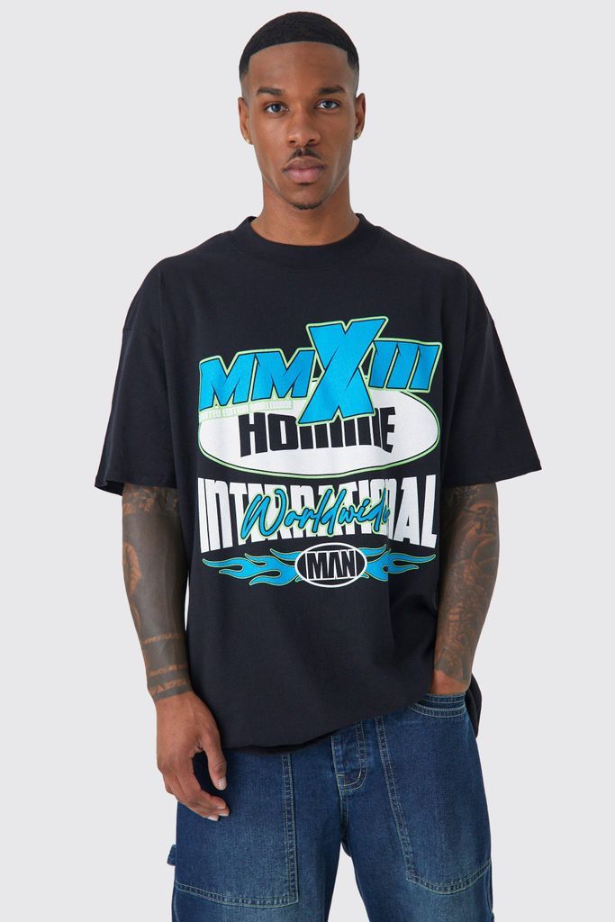 Men's Oversized Extended Neck Moto Print T-Shirt - Black - S, Black