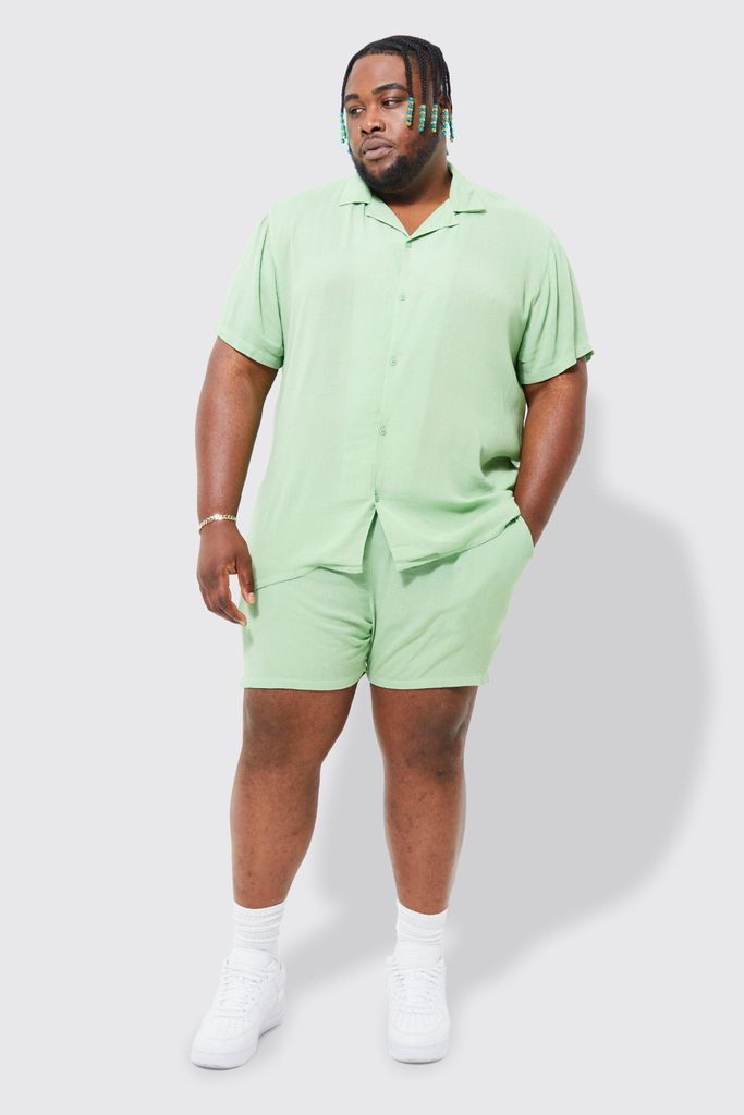 Men's Plus Short Sleeve Revere Cheese Cloth Shirt & Short Set - Green - Xxxl, Green