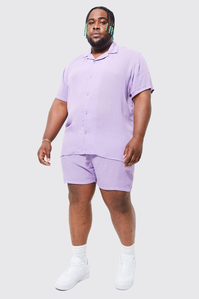 Men's Plus Short Sleeve Revere Cheese Cloth Shirt & Short Set - Purple - Xxxl, Purple