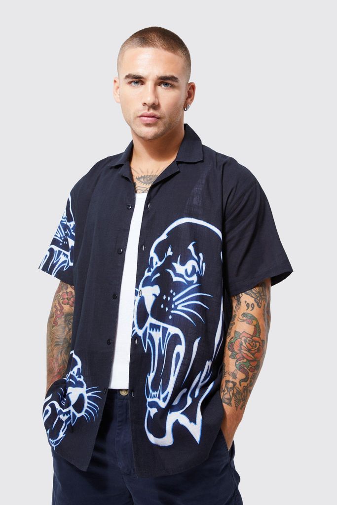 Men's Short Sleeve Oversized Multi Tiger Slub Shirt - Navy - S, Navy