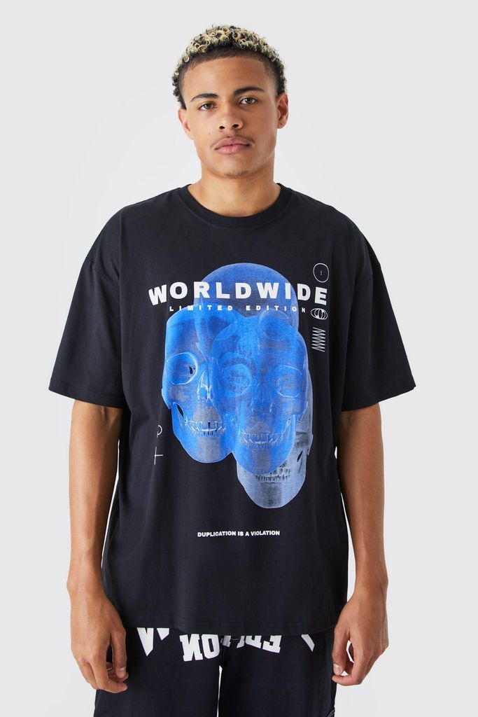 Men's Tall Oversized Worldwide Skull Print T-Shirt - Black - S, Black