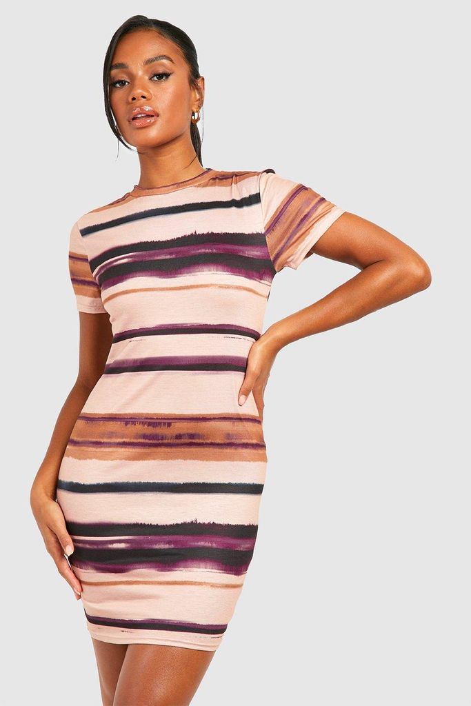 Womens Blurred Stripe Rib Cap Sleeve Mini Dress - Beige - 8, Beige