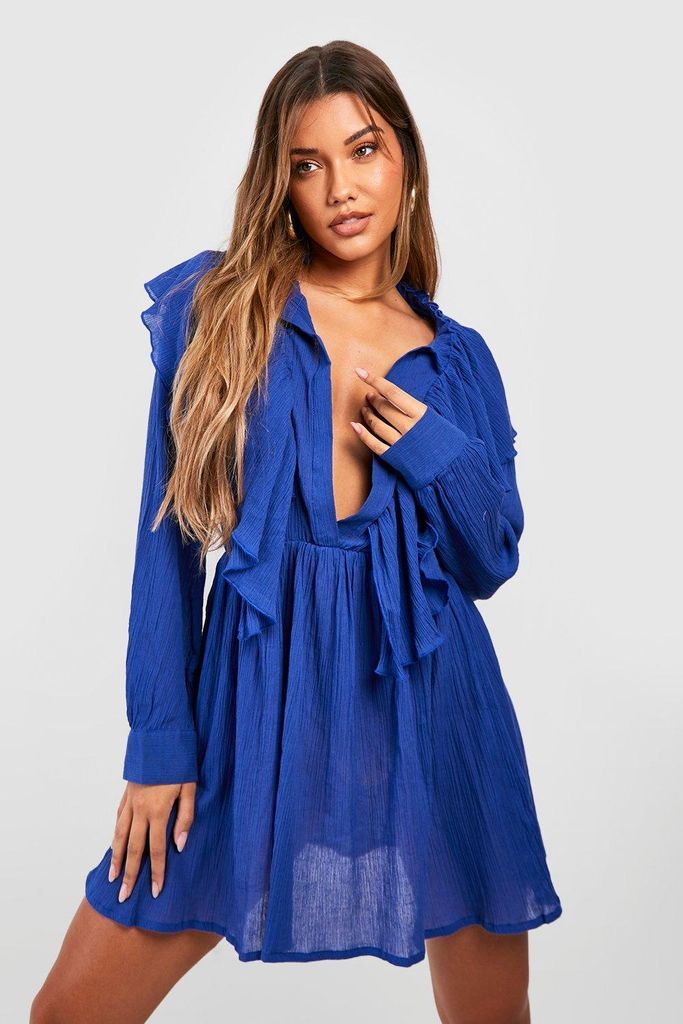 Womens Cheesecloth Ruffle Plunge Beach Shirt Dress - Blue - S, Blue