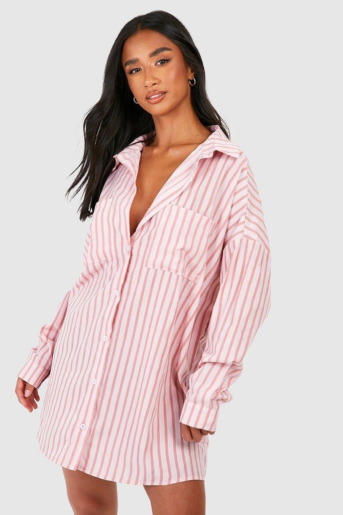 Womens Petite Stripe Shirt Dress - Pink - 4, Pink