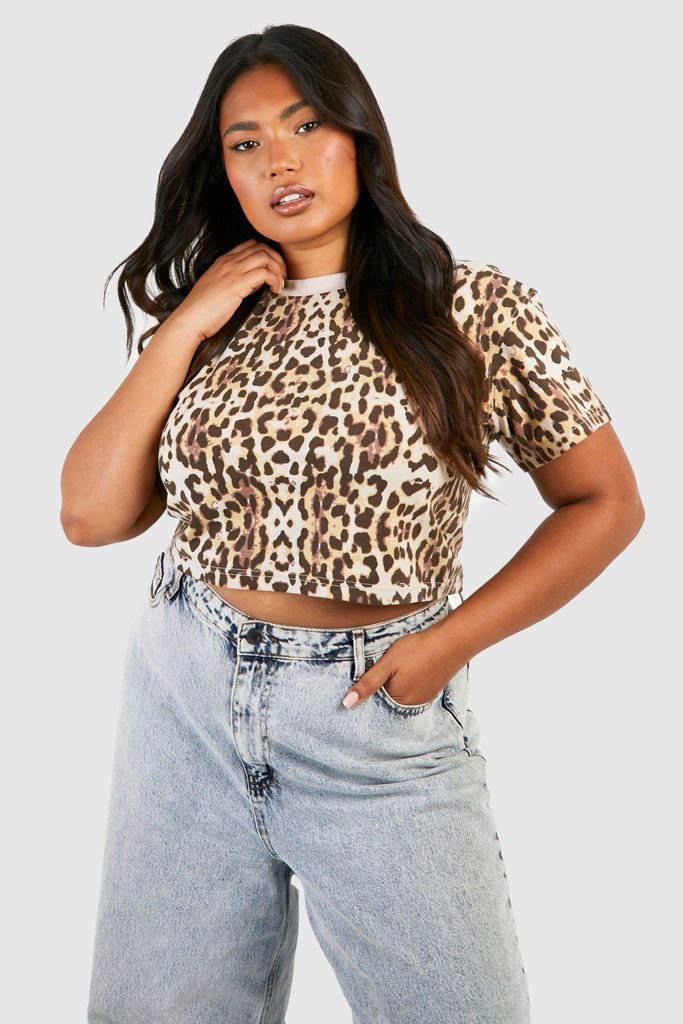 Womens Plus Boxy Leopard Cropped T-Shirt - Multi - 16, Multi