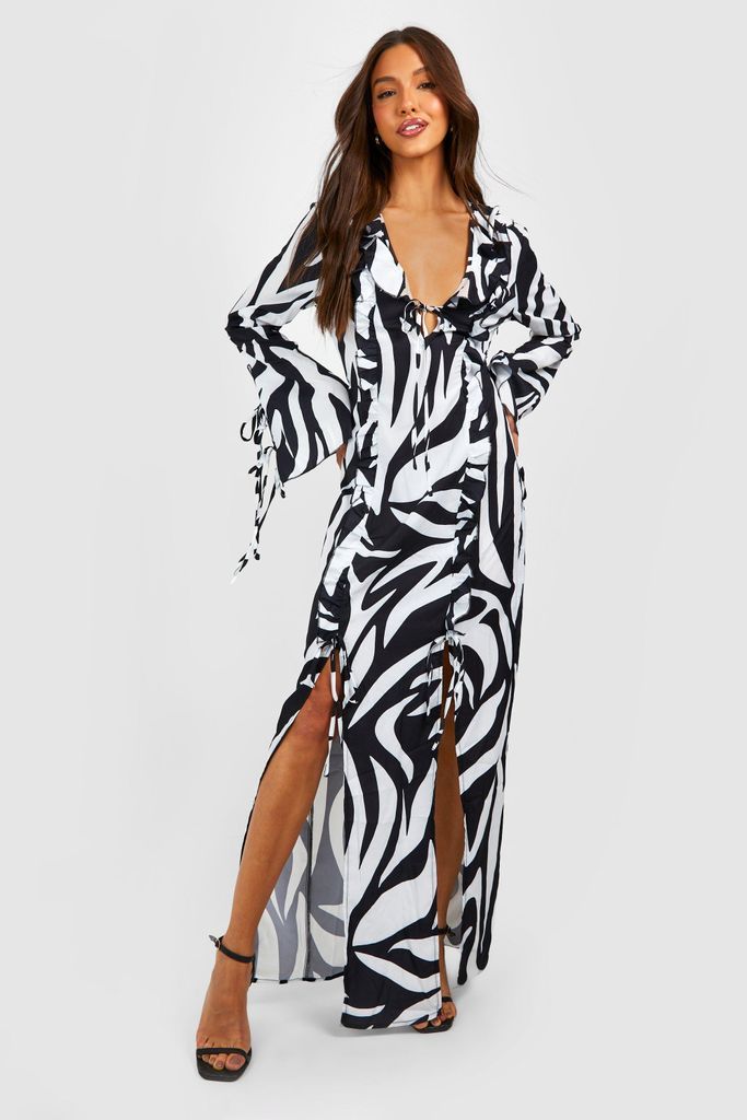 Womens Zebra Ruffle Detail Maxi Dress - Black - 8, Black