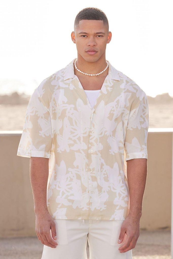 Men's Short Sleeve Printed Drop Revere Shirt - Cream - S, Cream