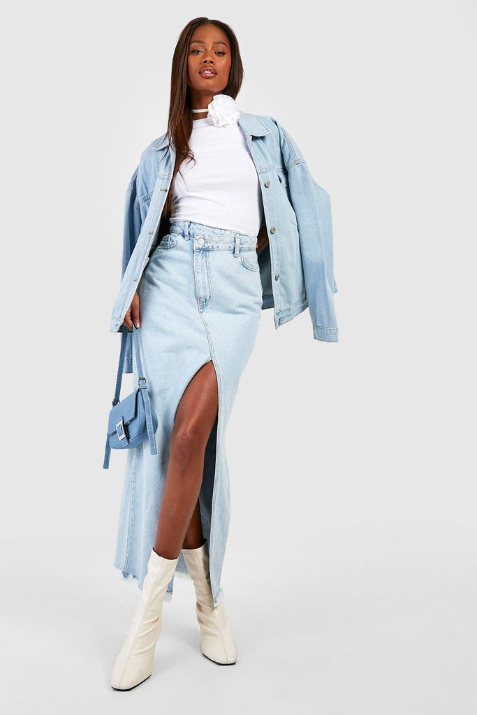 Womens Asymmetric Hem Split Front Denim Maxi Skirt - Blue - 6, Blue
